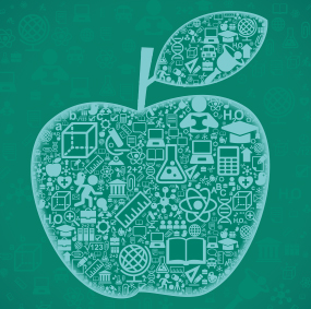 A drawing of an apple with education concept icons